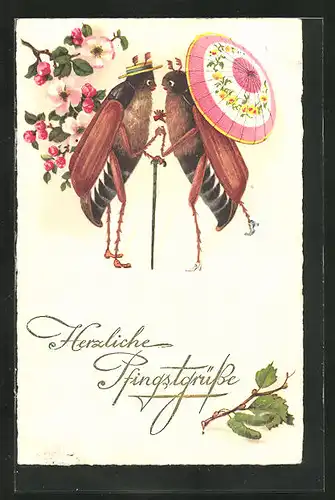 AK Maikäferpaar mit Schirm und Blumen, Pfingstgruss