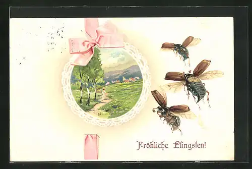 Präge-AK Pfingstgruss, Rosa Schleife, Maikäfer