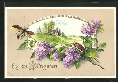 Passepartout-AK Maikäfer im Fliederbusch, Pfingstgruss