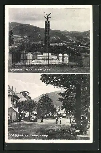 AK Andrijevica, Dorfstrasse mit Passanten, Denkmal
