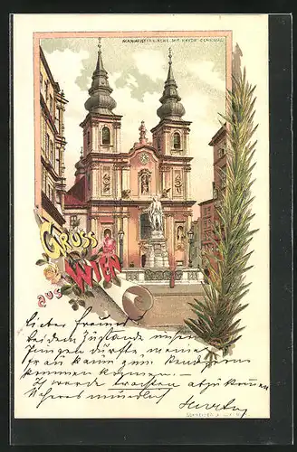 Lithographie Wien, Mariahilfer Kirche mit Haydn Denkmal