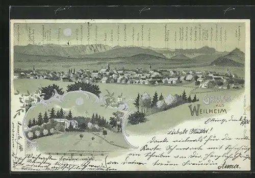 Mondschein-Lithographie Weilheim, Gögertberg mit Restaurant, Totalansicht mit Bergpanorama