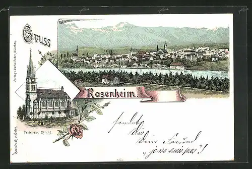 Lithographie Rosenheim, Protestant. Kirche, Totalansicht