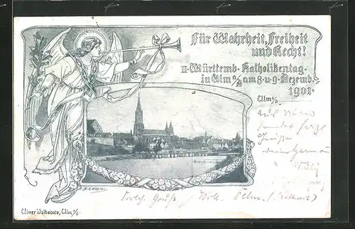 AK Ulm, II. Württemb. Katholikentag 1901, Flusspartie mit Münster