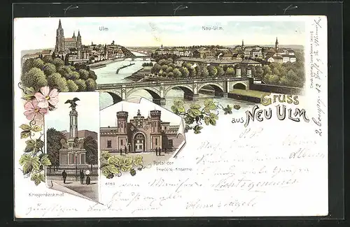 Lithographie Neu-Ulm a. D., Portal der Friedens-Kaserne, Totalansicht