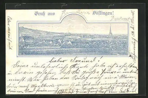 Lithographie Söflingen, Totalansicht mit Fernblick