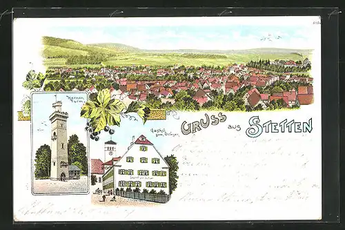 Lithographie Stetten, Gasthof zum Ochsen, Kernen Turm, Totalansicht