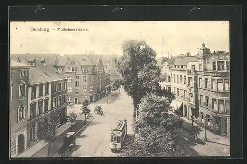 AK Duisburg, Mülheimerstrasse mit Strassenbahn aus der Vogelschau