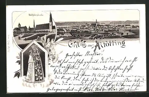 Lithographie Altötting, Wallfahrtskirche, Ortsansicht aus der Ferne