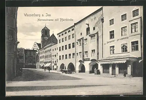 AK Wasserburg a. Inn, Herrenstrasse mit Pfarrkirche und Herrenbekleidungsgeschäft