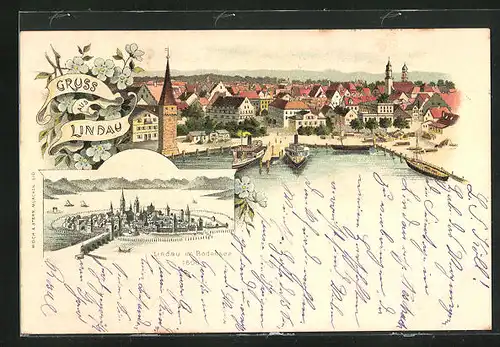 Lithographie Lindau i. B., Dampfer im Hafen