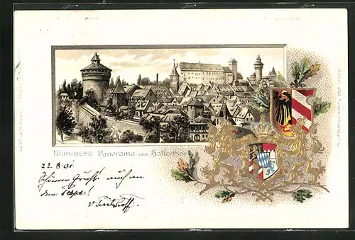 Passepartout-Lithographie Nürnberg, Panorama vom Hallerthor, Wappen