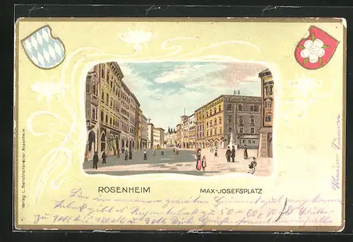 Lithographie Rosenheim, Passanten auf dem Max-Josefsplatz, Wappen