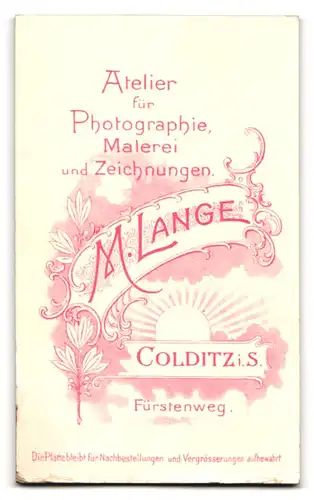 Fotografie M. Lange, Colditz i. S., Fürstenweg, lachendes Baby auf Felldecke sitzend