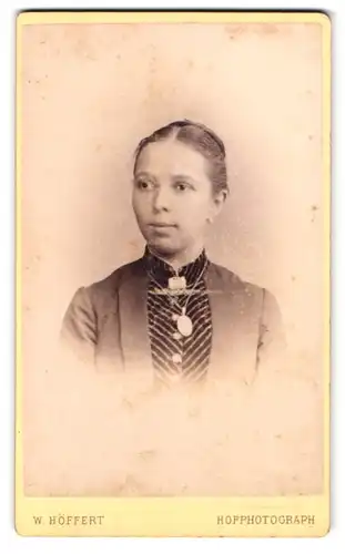 Fotografie W. Höffert, Dresden, Seestr. 10, Portrait junge Dame mit Schmuck Halskette, Anhänger und Brosche