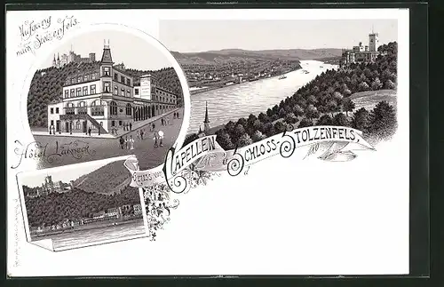 Lithographie Capellen, Hotel Lahneck, Schloss Stolzenfels