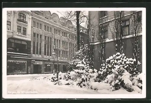 AK Hagen, Elberfelderstrasse, Kaufhaus Neugebauer im Winterkleid