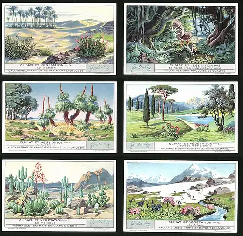 6 Sammelbilder Liebig, Serie Nr. 1277: Climat et Végétation, Les Alpes, Le Mexique, L`euope méridionale, L`Australie