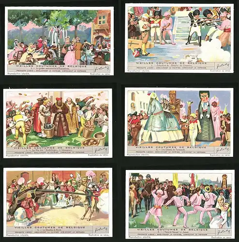 6 Sammelbilder Liebig, Serie Nr. 1366: Vieilles Coustumes de Belgique, Le Doudou á Mons, Les Géants de Termonde
