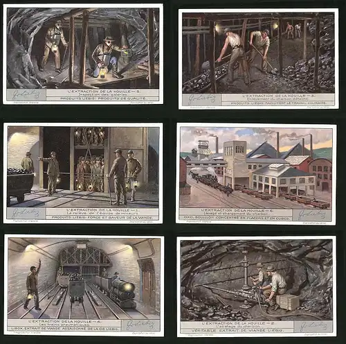 6 Sammelbilder Liebig, Serie Nr. 1270: L`Extraction de la Houille, L`abatge du charbon, Les trains pneumatiques