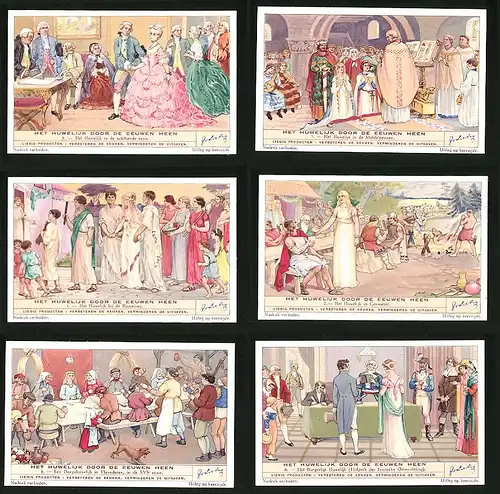 6 Sammelbilder Liebig, Serie Nr. 1384: Het Huwelijk door de eeuwen Heen, Het Burgerlijk Huwelijk, Festmahl