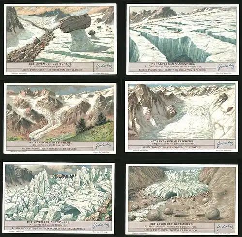 6 Sammelbilder Liebig, Serie Nr. 1389: Het Leven der Gletschers, Gletscher, Middenmoraine en Gletschertafel