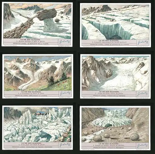 6 Sammelbilder Liebig, Serie Nr. 1389: Het Leven der Gletschers, Gletscher, Middenmoraine en Gletschertafel