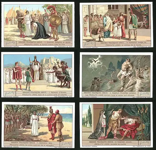 6 Sammelbilder Liebig, Serie Nr. 1245: Grands Tragiques Grecs, Euripide, Alceste, Sophocle, Ajax, Eschyle
