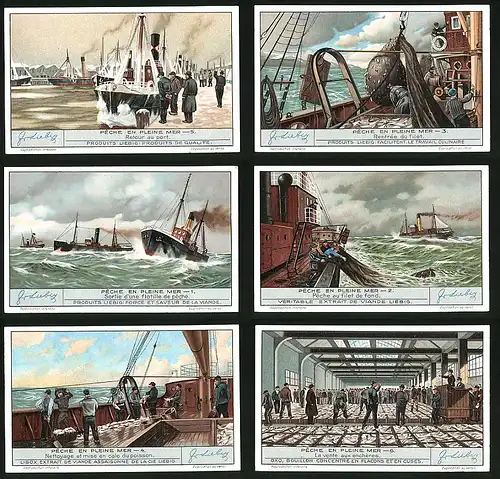 6 Sammelbilder Liebig, Serie Nr. 1297: Pêche en Pleine Mer, La Vente aux enchéres, Schiff, Dampfer, Wellen