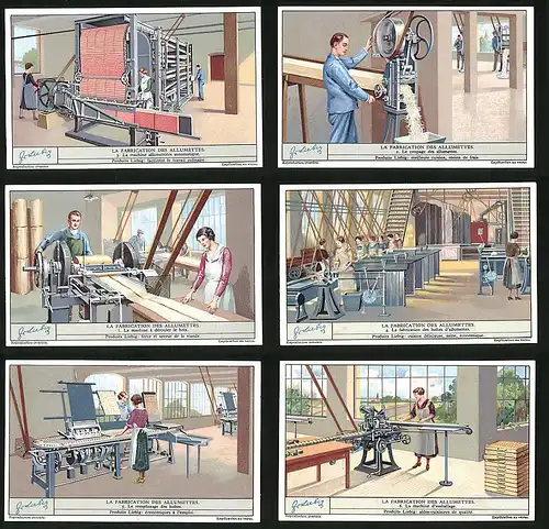 6 Sammelbilder Liebig, Serie Nr. 1293: La Fabrication des Allumettes, La machine d`emballage, Le remplissage des Boites