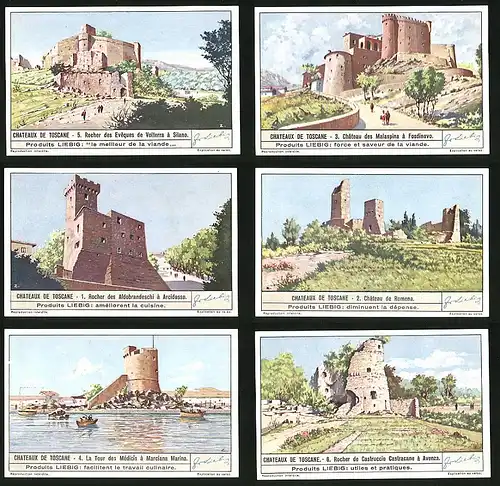 6 Sammelbilder Liebig, Serie Nr. 1413: Chateaux de Toscane, Avenza, Marciana Marina, Romena, Arcidosso, Fosdinovo