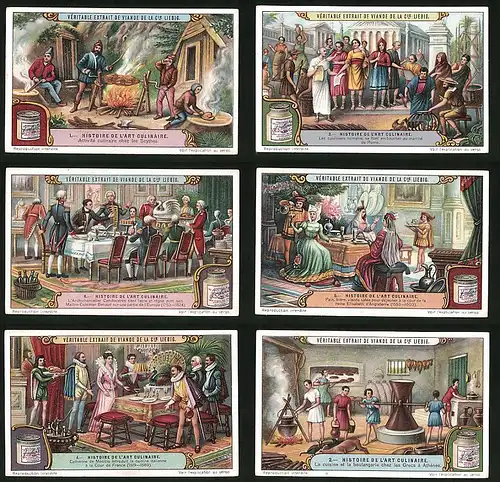 6 Sammelbilder Liebig, Serie Nr. 1155: Histoire de l`Art Culinaire, Activité culinaire chez les Scythes