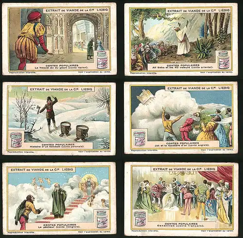 6 Sammelbilder Liebig, Serie Nr. 1178: Contes Populaires, Cendrillon, Le Pêcheur, Le Nouvel An du géant