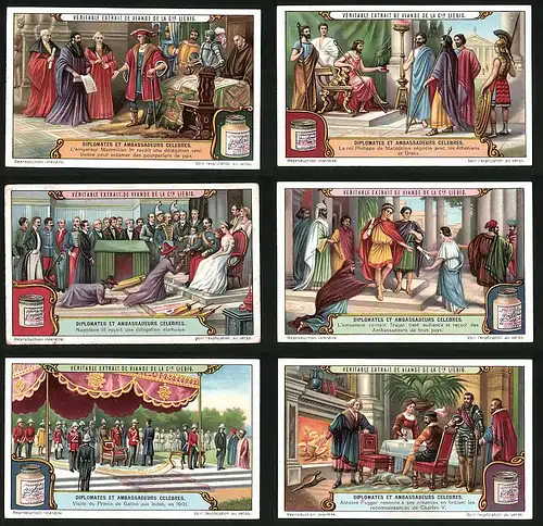 6 Sammelbilder Liebig, Serie Nr. 1177: Diplomates et Ambassadeurs Celebres, Visite du Prince de Galles aux Indes