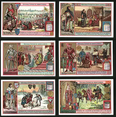 6 Sammelbilder Liebig, Serie Nr. 813: Episodes de l`Historie de Belgique, Maximilien et Marie de Bourgogne á la chasse