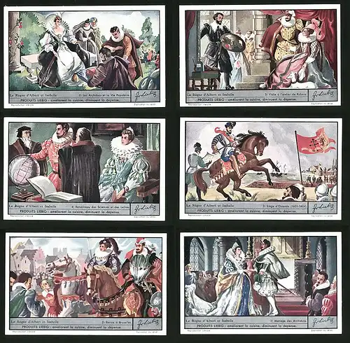 6 Sammelbilder Liebig, Serie Nr. 1363: Le Régne d`Albert et Isabelle, Mariage des Archiducs, Entrée á Bruxelles
