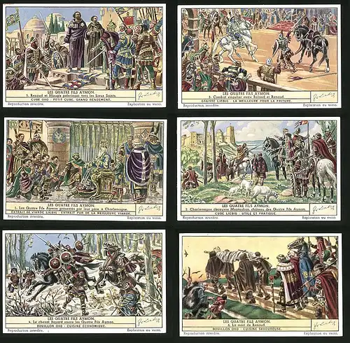 6 Sammelbilder Liebig, Serie Nr. 1452: Les Quatre fils Aymon, La mort de Renaud, Combat singulier entre Roland et Renaud