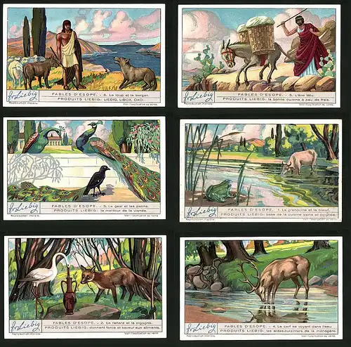 6 Sammelbilder Liebig, Serie Nr. 1262: Fables d`Esope, Le cerf se voyant dans l`eau, Le renard et la cigogne