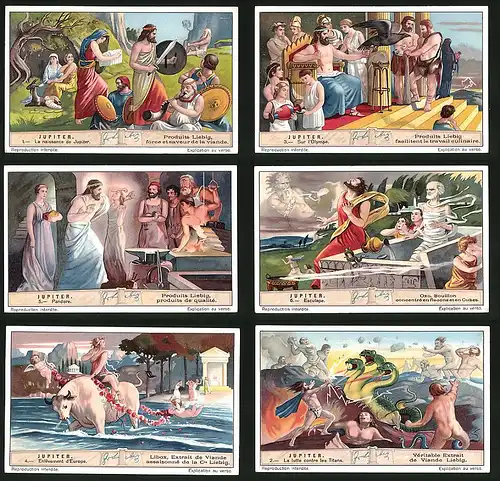 6 Sammelbilder Liebig, Serie Nr. 1264: Jupiter, La lutte contre les Titans, Enlévement d`Europe, Esculape, Pandore