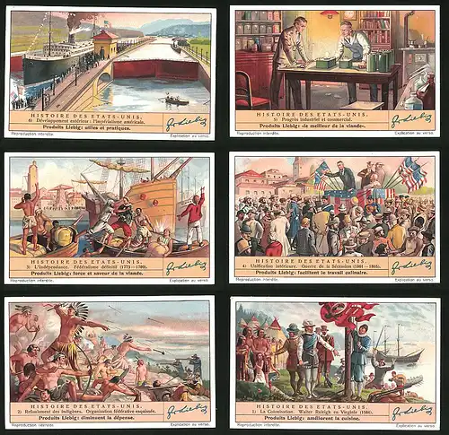 6 Sammelbilder Liebig, Serie Nr. 1659: Histoire des Etats-Unis, La Colonisation, Refoulement des indigénes