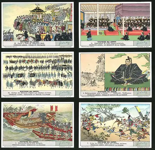 6 Sammelbilder Liebig, Serie Nr. 1377: Histoire du Japon, Scéne de Bataille, d`aprés une estampe ancienne