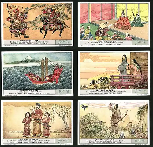 6 Sammelbilder Liebig, Serie Nr. 1377: Histoire du Japon, Jimmu Tenno est guidé par le Corbeau Solaire
