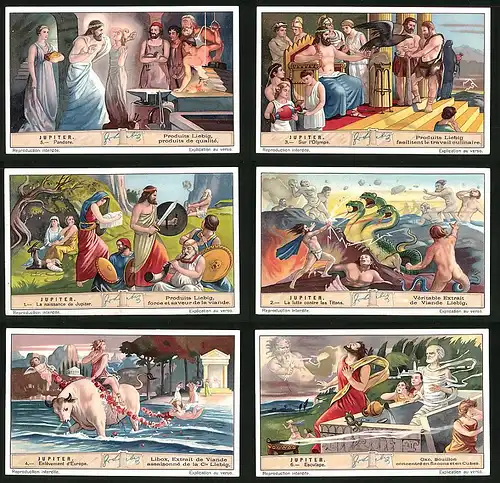 6 Sammelbilder Liebig, Serie Nr. 1264: Jupiter, Esculape, Enlévement d`Euopre, La lutte contre les Titans, Sur l`Olympe