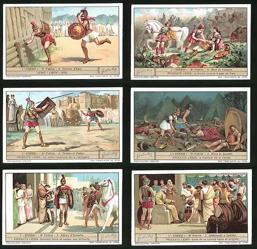 6 Sammelbilder Liebig, Serie Nr. 1238: L`Enéide, Ile Partie, Ambassade á Latinus, Adieux d`Evandre, Nisus et Euryale
