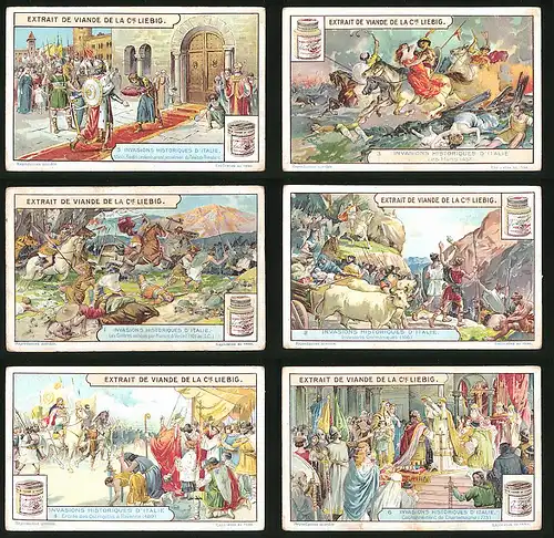 6 Sammelbilder Liebig, Serie Nr. 1208: Invasions Historiques d`Italie, Charlemagne, Ravenne, Invasions Germaniques