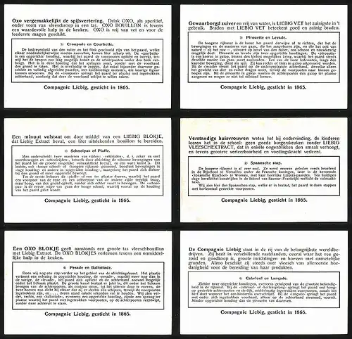 6 Sammelbilder Liebig, Serie Nr. 1371: Hoogere Rijkunst, Cabriool en Lancade, Pesade en Ballottade, Spaansche stap