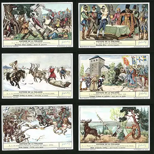 6 Sammelbilder Liebig, Serie Nr. 1767: Histoire de la Finlande, Traité de paix de Stolbova
