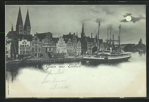 Mondschein-AK Lübeck, Teilansicht und Dampfer