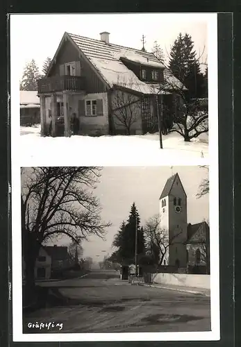 AK Gräfelfing, Wohnhaus im Schnee, Strassenpartie mit Kirche