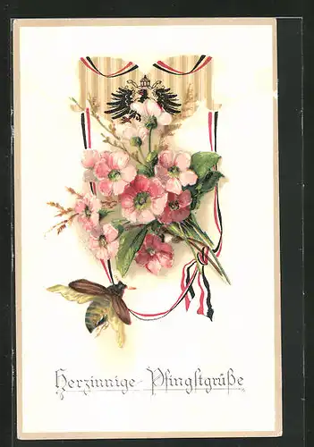 Präge-AK Blumenstrauss mit Fahnenband und Maikäfer, Pfingstgruss